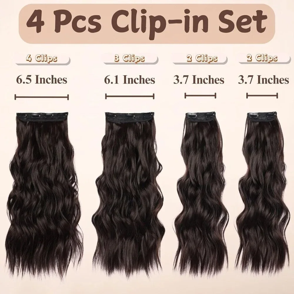 4Pcs Dark Brown Long Wavy Synthetic Clip In Hair Extensions for Women